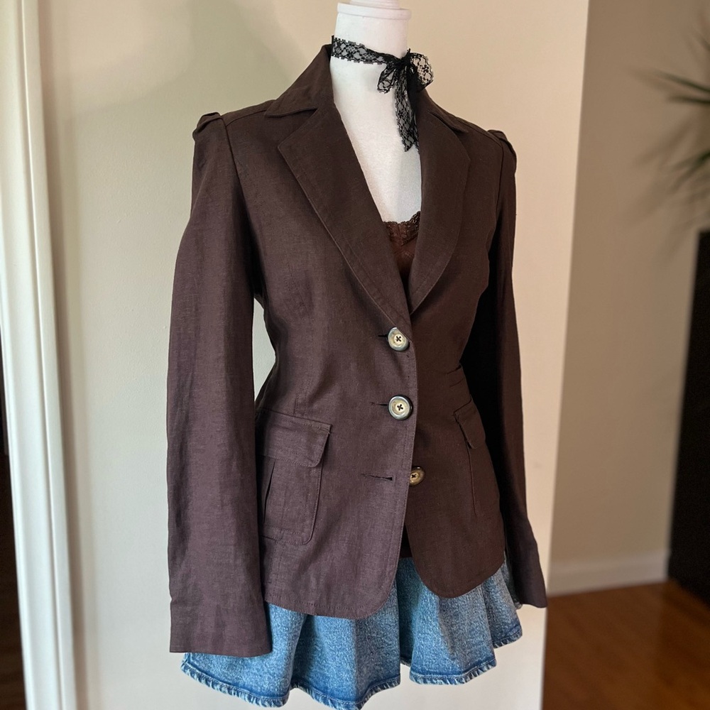 Vintage 2000s Designer Max Azria Euro Minimalist Brown Linen Blazer Jacket S - Picture 3 of 11